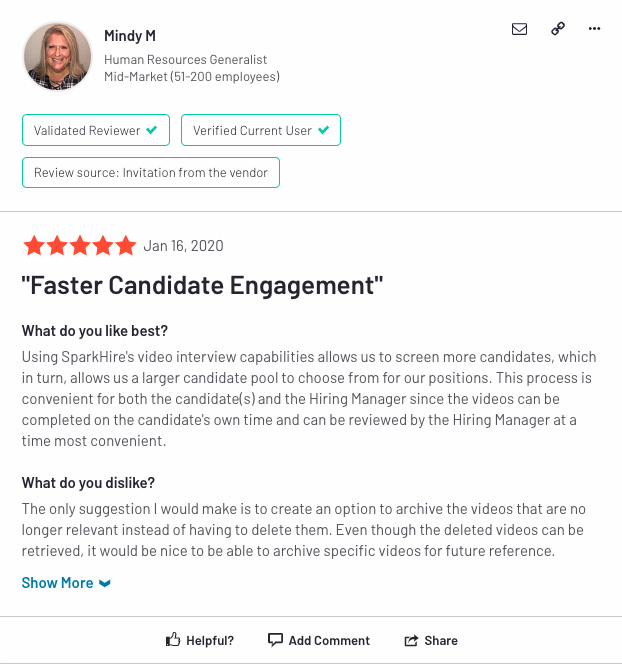 Mindy M's G2 Review, "Faster Candidate Engagement"